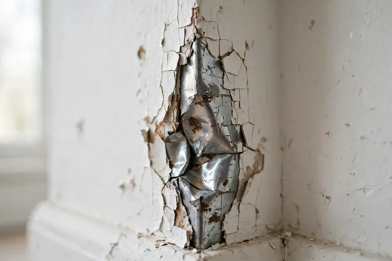 Dented metal corner bead on a drywall wall corner with cracked paint (illustrative photo)