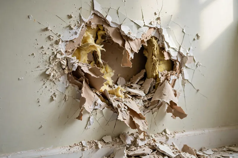 Large jagged hole broken through a drywall wall (illustrative photo)