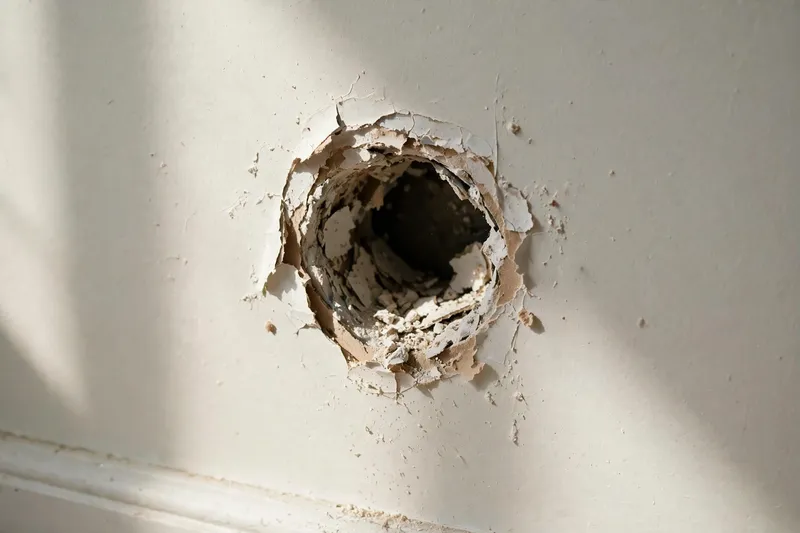 Doorknob-sized hole punched through drywall (illustrative photo)