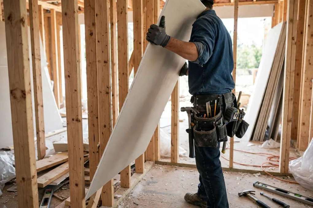Drywall pro carrying a sheet into a framed room for installation