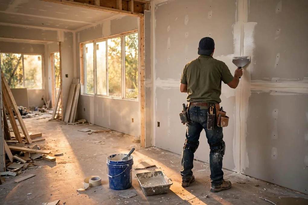 Drywall finisher smoothing joint compound on a wall