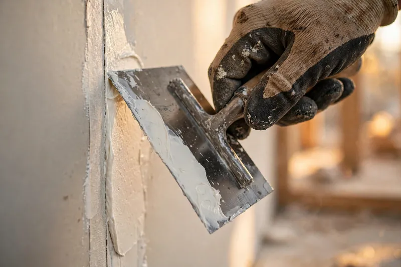 Trowel spreading joint compound over a taped drywall seam